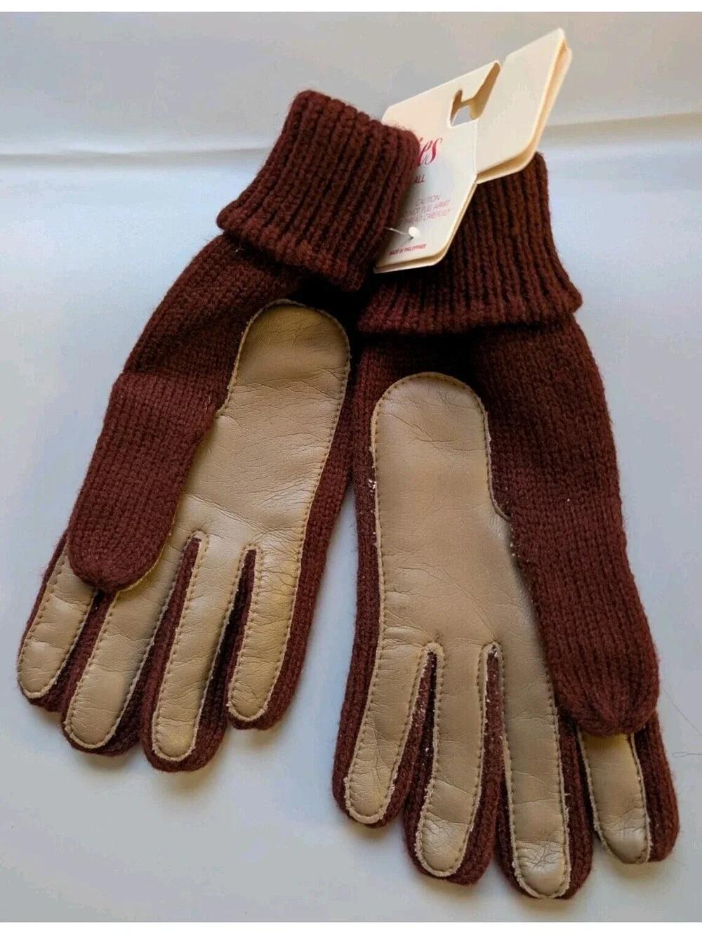 Vintage Kmart Ladies Driving Gloves Knit Leather Palm Brown Maroon One Size New